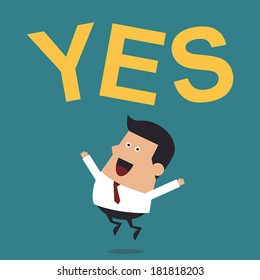 Young Businessman Jumping With the Word "Yes", Business Concept