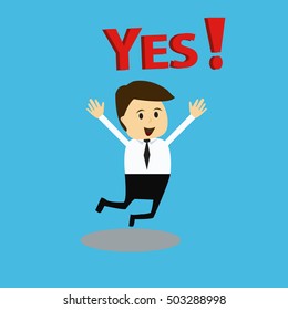 Young Businessman Jumping With the Word "Yes", Business Concept