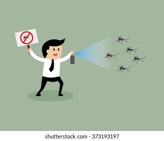 Young businessman kill mosquito and hold warning sign. Anti zika virus concept.