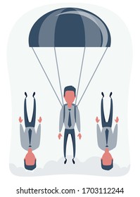 Young Businessman Landing on Ground with Parachute. Business Risk Achievement Targeting Concept. Cartoon Flat Vector Illustration