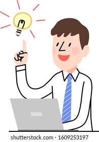 a young businessman with a laptop computer having an idea