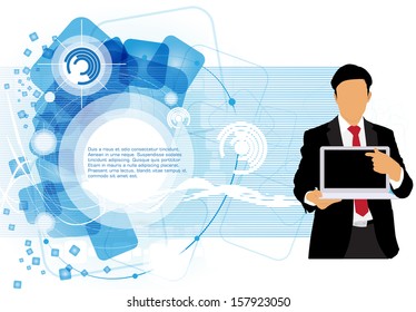 Young businessman with laptop computer. Vector