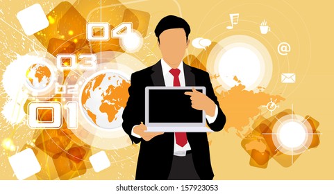 Joven empresario con ordenador portátil. Vector