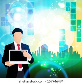 Young businessman with laptop computer. Vector
