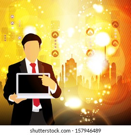 Joven empresario con ordenador portátil. Vector