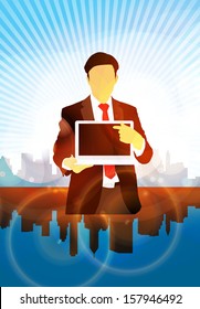 Young businessman with laptop computer. Vector