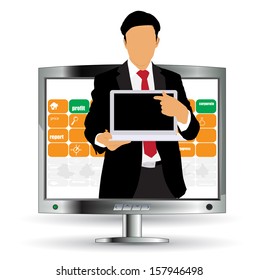 Young businessman with laptop computer. Vector