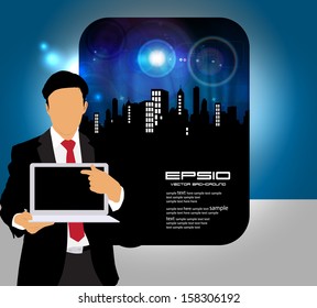 Joven empresario con ordenador portátil. Vector