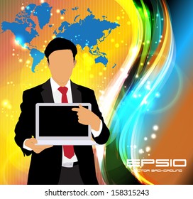 Young businessman with laptop computer. Vector