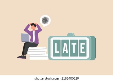 Young businessman with laptop panicked because his assignment was sent late. Late concept. Colored flat Vector Illustration.