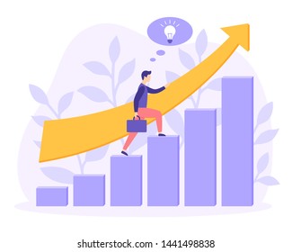 Young businessman leader climbs up the career ladder. Steps chart with arrow. Implementation ideas. Business growth modern banner Startup development design poster. People creative vector illustration