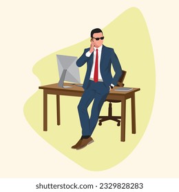 a young businessman leaning on the table and taking a smartphone vector
