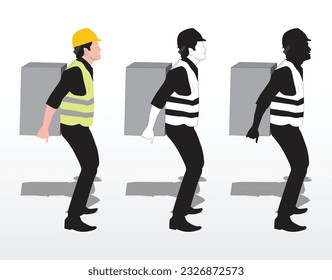 A young businessman lifts a heavy box vector