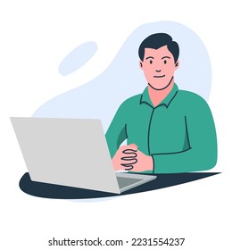 Young businessman looking ahead in front of laptop, employee working in the office, freelancer in home, illustration vector flat style.