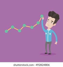 Young businessman looking at chart going up. Businessman lifting a chart. Businessman pulling up a graph. Concept of growth and success in business. Vector flat design illustration. Square layout.