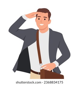 Young businessman looking far off into the distance, searching for a distant object with a confused look. Flat vector illustration isolated on white background