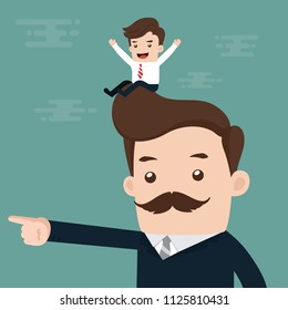 Young Businessman Looking Forward on The head of Giant Businessman Boss, Business concept cartoon illustration.