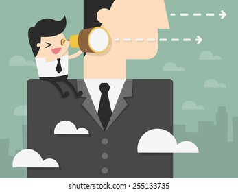 Young Businessman Looking Forward on The Shoulder of Giant Businessman. business vision concept illustration