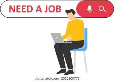 Young businessman looking for a for job. Need a job on the search bar online. Flat vector illustration.

