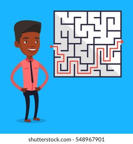 Young businessman looking at labyrinth with solution. An african-american businessman thinking about business solution. Business solution concept. Vector flat design illustration. Square layout.