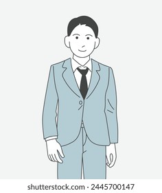 young businessman is looking straight forward with smile on his face. hand drawn style illustration.