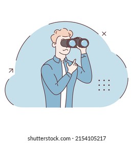 Young businessman looking through binoculars searching for solutions. Business, goal, search, imagination, observation, goal concept. Imaginative mindset and purpose achievement. Vector illustration.
