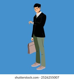 Young businessman looking at the time on his watch while carrying a briefcase, vector illustration