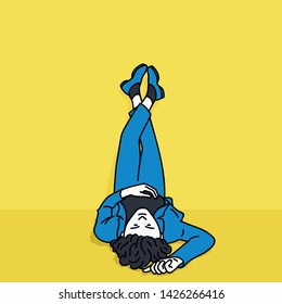 Young businessman lying on floor, thinking different and funny way, put his feet upside down. Vector illustration character design, linear, thin line art, hand drawn sketch.