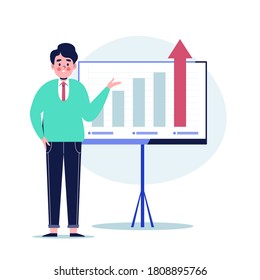 Young businessman making a presentation. Flat design vector illustration