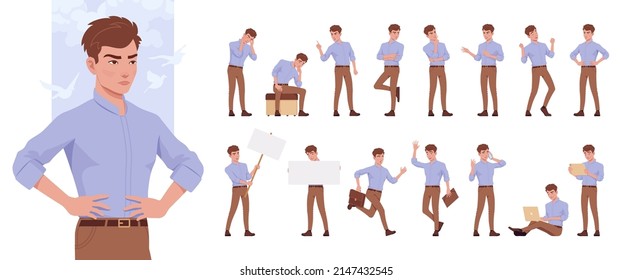 Young businessman, manager character set, corporate business bundle, different poses, gestures, emotions, various office situations. Vector flat style cartoon character isolated on white background