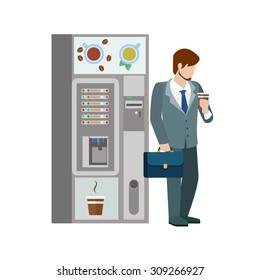 Young businessman manager drink hot beverage cup before coffee automatic machine. Flat people lifestyle situation coffee break. Young creative human vector illustration collection.