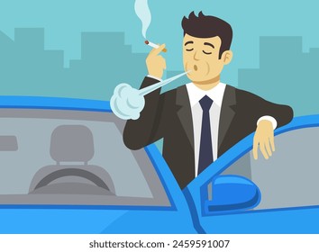 Joven empresario o gerente apoyado en la puerta del coche y fumando. Vista frontal en primer plano. Plantilla de Ilustración vectorial plana.