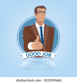 Young businessman or manager, stretches out his hand to say Hello. Front face view in round frame. Congratulation or introduction concept. Simplistic realistic style. Vector illustration