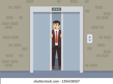 Young businessman or manager trying to open the doors. Broken elevator. Flat vector illustration.