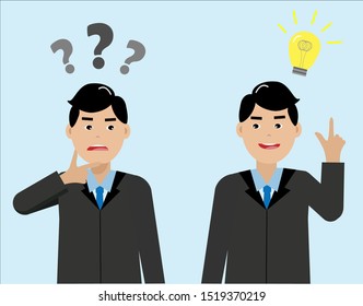 Young businessman in manner of thinking and getting ideas. Isolated on light blue background. Vector Illustration. Idea for decision making in business concept.