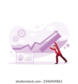 Young businessman measuring arrows with a ruler. Change management concept. Trend Modern vector flat illustration