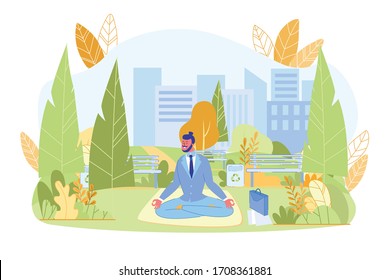 Young Businessman Meditating in Green City Park. Man Office Worker in Formal Wear Doing Breathing Yoga Exercise Outdoor. Natural Landscape. Relax after Work. Rest during Break. Vector Illustration