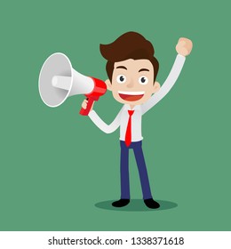 Young businessman with a megaphone and fist up in the air to awaken, Cartoon vector illustration