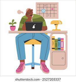 Young businessman at a modern workstation, immersed in his work on a laptop. Fatigued expression with office elements. Vector illustration.