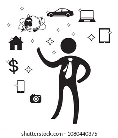 young businessman needs in the future of mobile, money, home, car, camera, notebook, smartphone and travel around the world, vector icon symbol on white background