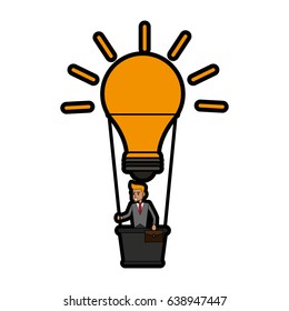 young businessman on hot air balloon in lightbulb shape idea con