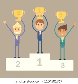 Young businessman on podium put on trophy
