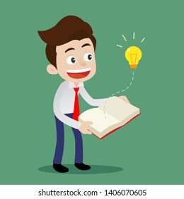 Young businessman open a book that has idea bulb to success, Cartoon vector illustration