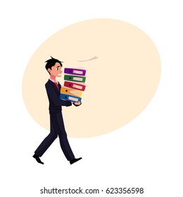 Young businessman overloaded with document folders, stressed out, in rush, cartoon vector illustration with space for text. Young messed up businessman with document folders, feeling stressed