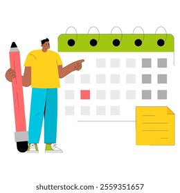 Young businessman planning schedule with a giant pencil points to a date on the calendar, time management concept. Vector illustration.