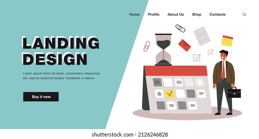 Young businessman planning work schedule. Flat vector illustration. Tiny man standing next to giant calendar full of tasks, goals and events. Planning, business, schedule concept for banner design