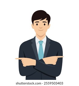 Young businessman Pointing to both sides with fingers. Flat vector illustration isolated on white background