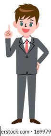 a young businessman pointing finger up