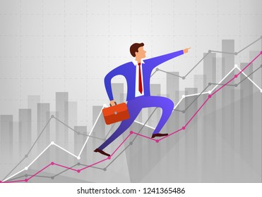 young businessman pointing to the front in the direction of motion and goes up through the growth of business statistics charts showing various visualization graphs