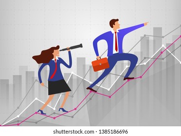 young businessman pointing to front in direction of motion and goes up through growth of business statistics charts showing various visualization graphs. effective manager looks into telescope